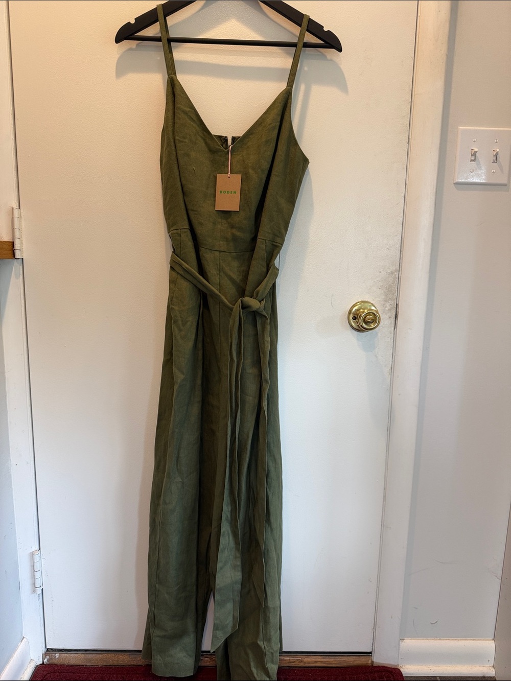 Boden Olive Green Linen Jumpsuit with Tie Waist